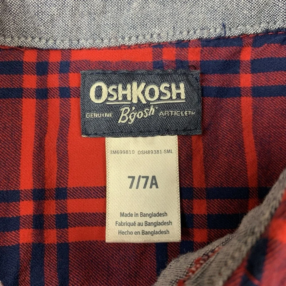 Oshkosh B'gosh Flannel Shirt Youth Boys 7 Red Blue Plaid Long Sleeve Cotton